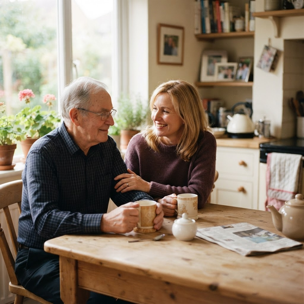 An adult daughter sitting beside her elderly father at a sunlit kitchen table, sharing a quiet conversation over coffee.