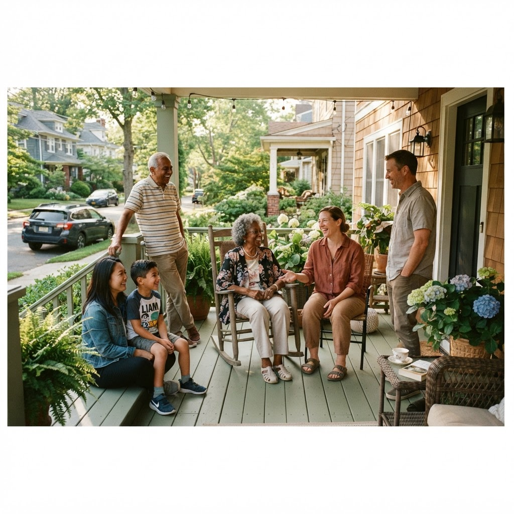 Neighbors and a caregiver gathered warmly on a residential front porch on a sunny afternoon.